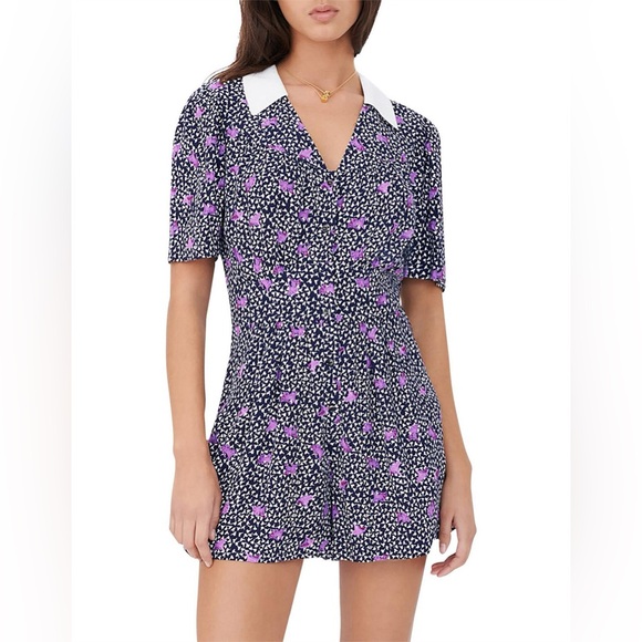 Maje Pants - Maje Designer Navy, White and Purple Floral Romper